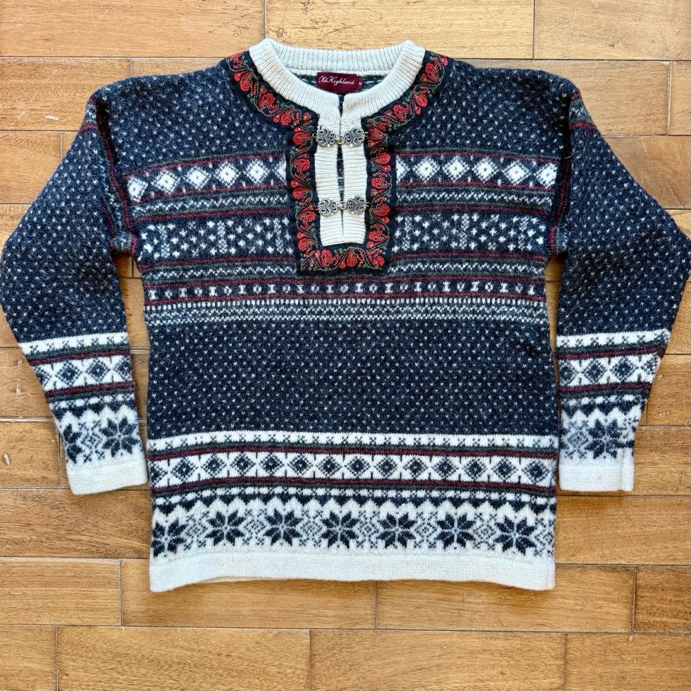 VTG Norway Norwegian Sweater Clasp Birdseye Ski Fair Isle Women Sz M - 100% Wool